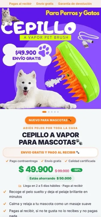 Página de ventas de Cepillo para mascotas hecha en Lumy