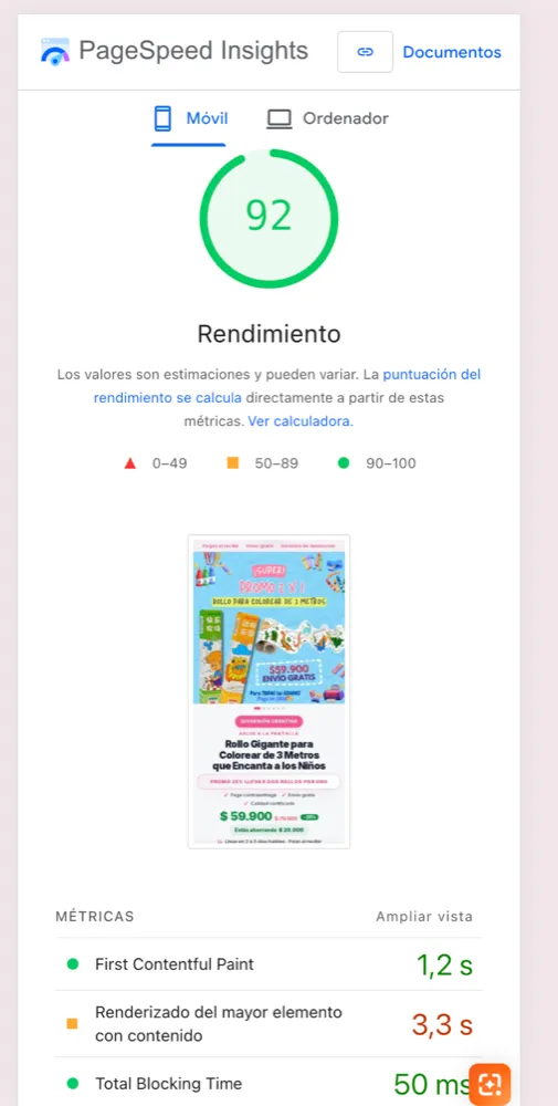 Velocidad de la página Hecha en Lumy