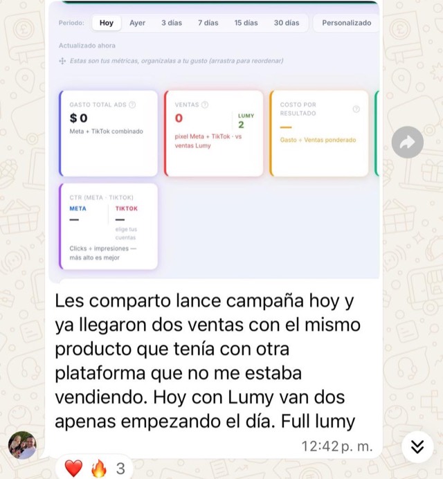 Mensaje real: lancé campaña hoy y ya llegaron dos ventas con un producto que en otra plataforma no vendía