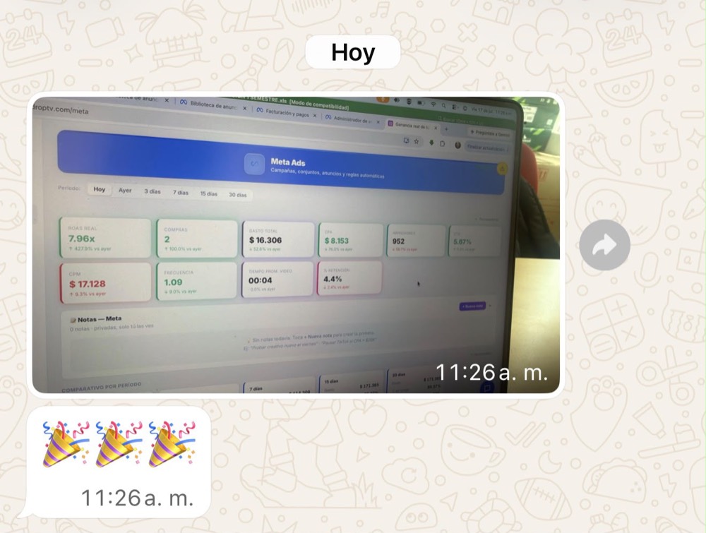 Mensaje real: resultado de Meta Ads celebrado en la comunidad